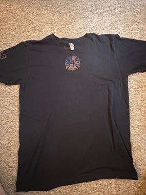 Black Helmet Black Short Sleeve Tee with Distressed Red & Blue Chest Emblem